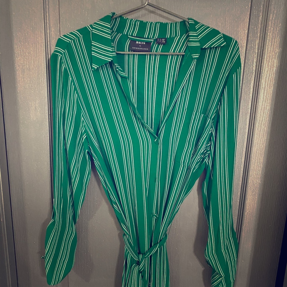 Mauve green and white striped long shirt dress